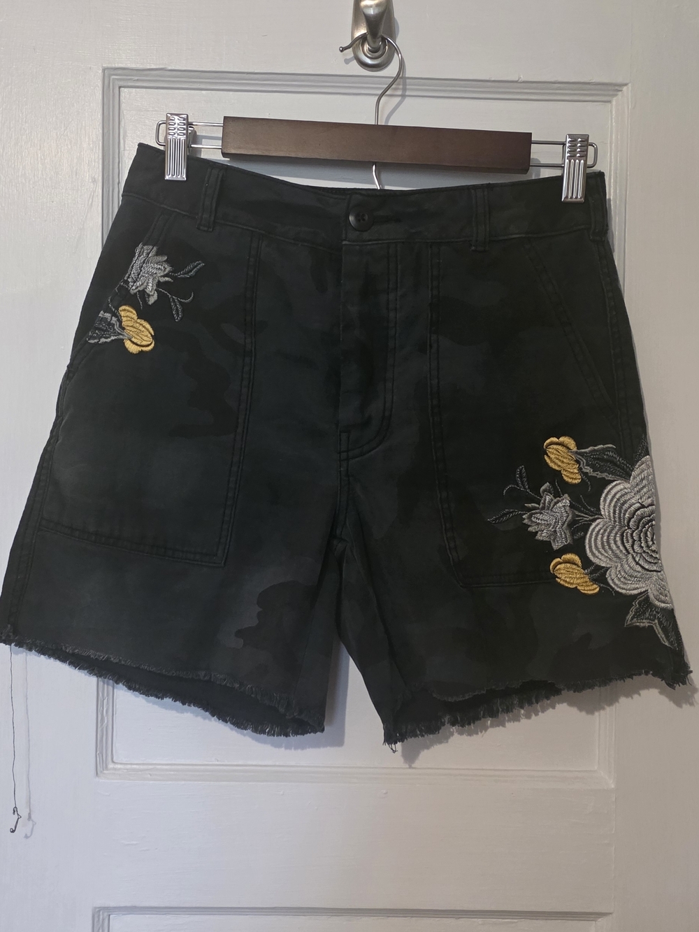 Free People Black Camouflage Cargo Shorts with Floral Embroidery